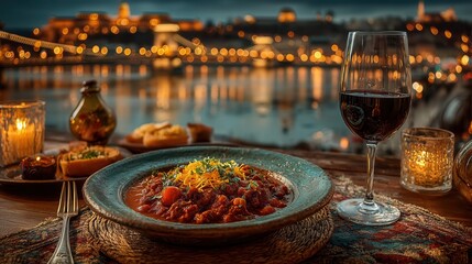 Obraz premium Enjoying goulash and red wine with a stunning view of Chain Bridge at night in Budapest
