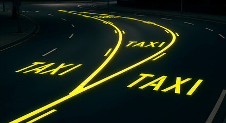 Night Scene of Asphalt Road with Yellow Taxi Lane Markings and Direction Arrows Design