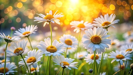 Fototapeta premium Field of Daisies with Bokeh Lights at Sunset or Sunrise
