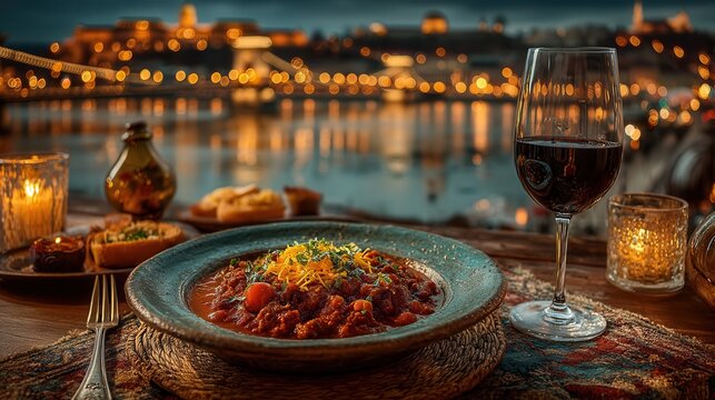 Enjoying goulash and red wine with a stunning view of Chain Bridge at night in Budapest