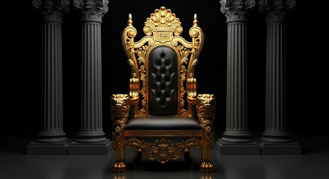 A golden throne chair shofa with black leather upholstery surrounded by four gray stone pillars in a dark room