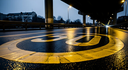 Night traffic scene featuring a 30 speed limit sign on a wet road under a bridge