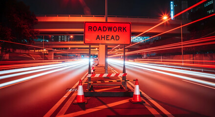 Night time roadworks ahead with light trails creating dynamic urban scenery