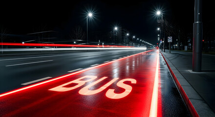 Nighttime bus lane in city with car light trails and street lighting showcasing urban transit and speed