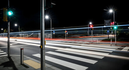 Nighttime city traffic with blurred lights and zebra crossing showcasing urban landscape and movement