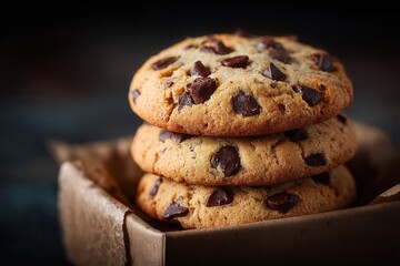 Delicious stack of homemade chocolate chip cookies in a brown box