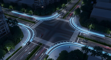 Nighttime Cityscape View Of A Smart Intersection With Futuristic Light Trails