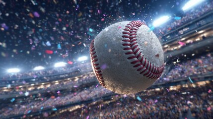 A baseball is captured in mid-air, surrounded by colorful confetti as fans cheer in a packed stadium. This excitement marks a significant moment during the championship game.