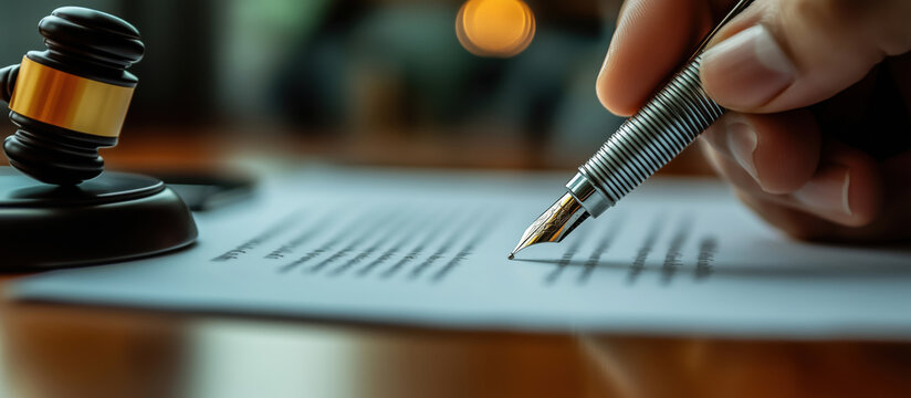 Legal document signing with fountain pen and gavel in background for law and justice themes.