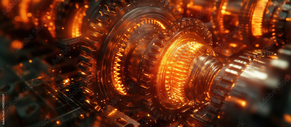Poster glowing gears and machinery in a high-tech environment with sparks and intricate details.
