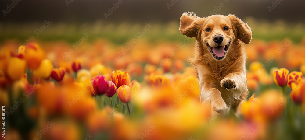 Poster golden retriever joyfully running through vibrant tulip field in springtime.