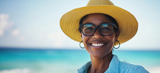 Smiling woman in straw hat and glasses enjoying sunny beach day with ocean background.