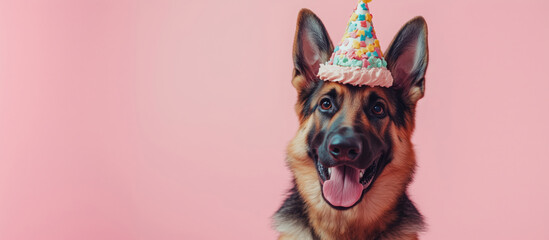 Happy German Shepherd wearing colorful birthday hat against pink background.
