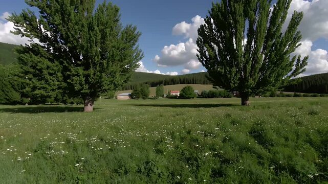 a vibrant green landscape showing Parrotia persica trees growing in a lush rural meadow within the ancient Caspian Hyrcanian forest  captured during warm seasons in Northern Iran&rsquo;s Gilan region