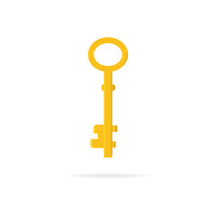 Old key flat design. Bright yellow key with simple design against a neutral background for unlocking doors or possibilities. Vector Stock