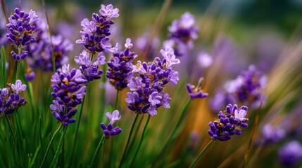 Obraz premium A stunning display of blooming lavender captures the essence of tranquility in the countryside. The vibrant purple flowers sway gently in the warm breeze.
