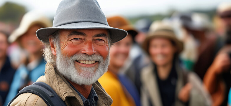 Smiling elderly man with gray beard and hat surrounded by cheerful crowd at outdoor event.
