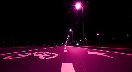 Nighttime Cycling Path Illuminated By Pink Streetlights With Bike Lane Symbol