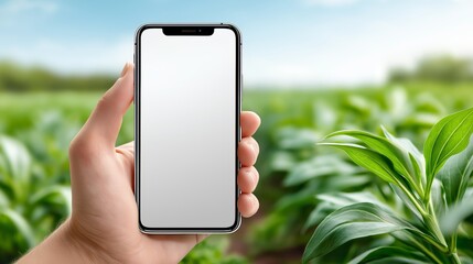 Hand with smartphone in green crop field showing blank screen symbolizing agricultural digital transformation and smart farming, Generative AI