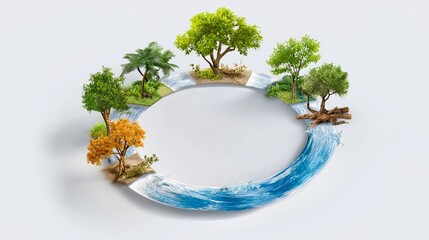 Circular flow of seasons with different trees and water stream representing ecosystem and environmental change, Generative AI