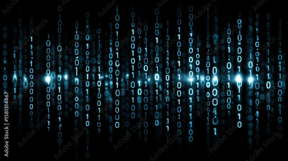 Poster binary numbers cascade in a digital stream, symbolizing data flow in technology. the dark background