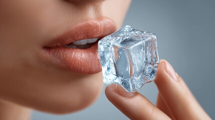 Close-up of glossy lips touching an ice cube symbolizing cold sensation and purity with delicate skin details, Generative AI
