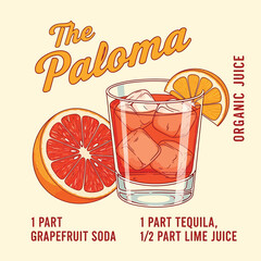 Paloma cocktail recipe art featuring a glass with ice and orange slice, suitable for bar menus, drink guides, or creative projects with a modern touch and a fresh, citrusy vibe.