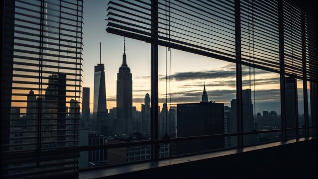 Fototapeta Urban View Glimpse of a Cityscape Through Office Blinds at Sunset - A Modern Silhouette
