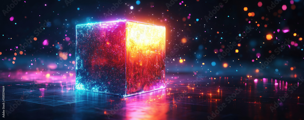Poster glowing neon cube surrounded by colorful particles in a dark environment.