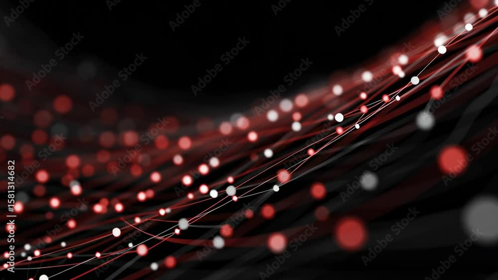 Poster wavy lines with red and white glowing dots connection. abstract data flow visualization for network 
