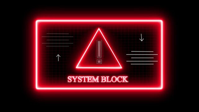Glowing neon system block attempting to break into a digital animation system with a lock icon on the screen, and a warning message appearing as the system block the breach.computer code and dark cyb