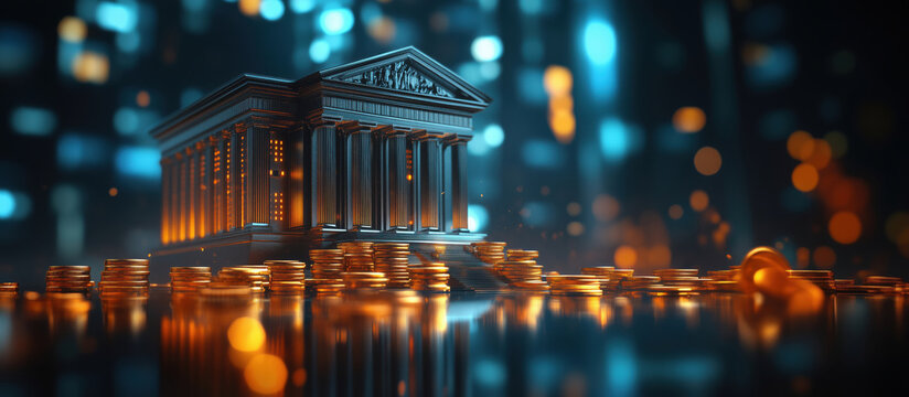 Financial institution model surrounded by glowing coins in a futuristic cityscape.
