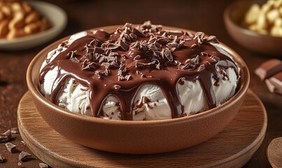 Warm Brown Bowl Filled With Creamy Ice Cream Topped With Rich Chocolate Sauce And Shavings