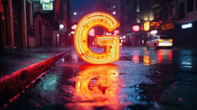 Neon letter G reflecting in a rain-slicked city street at night