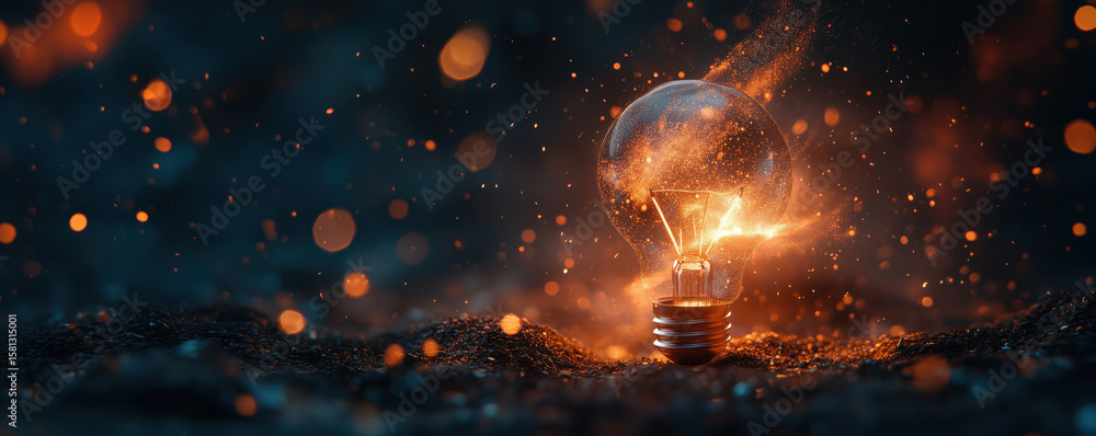 Poster illuminated light bulb surrounded by glowing particles and sparks in dark environment.
