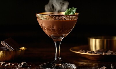 Warm Chocolate Beverage in Gold Rimmed Glass on Dark Surface
