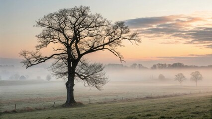 Lone Tree in Foggy Field at Dawn Serene Morning Landscape with Mist and Sunrise