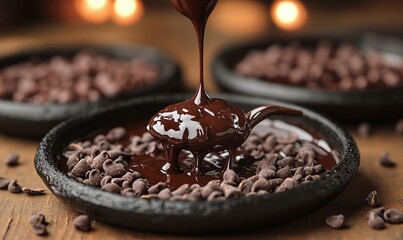 Warm Chocolate Dessert with Chocolate Chips on Wooden Background