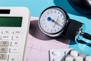 Close-up sphygmomanometer and calculator on ekg show expensive treatment of heart disease