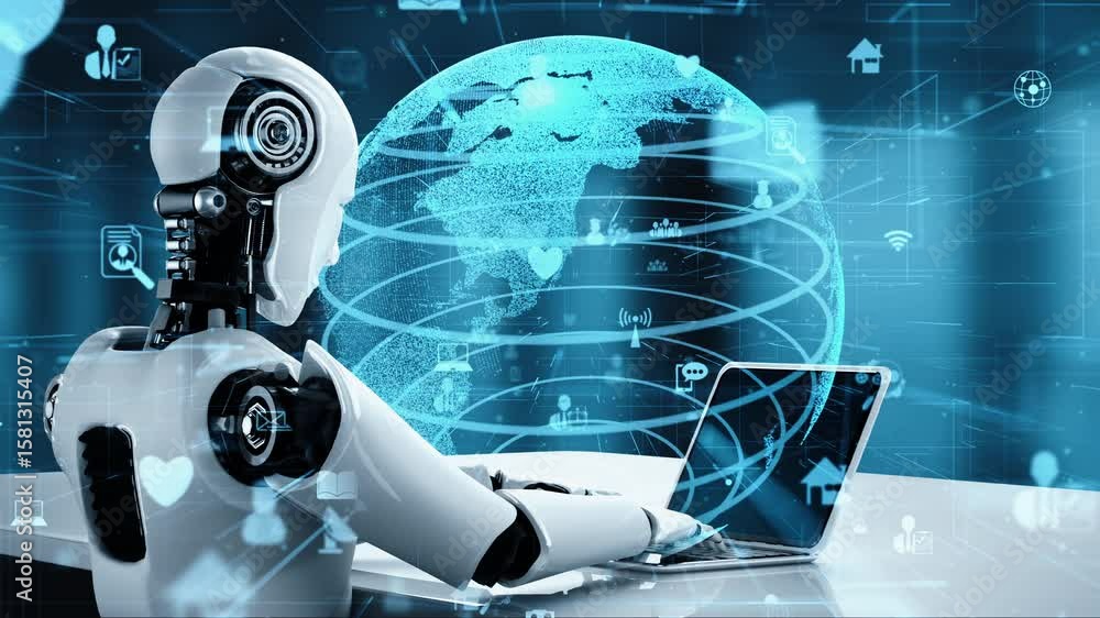 Poster internet connection controlled by ai robot huminoid and machine learning process to analyze data con