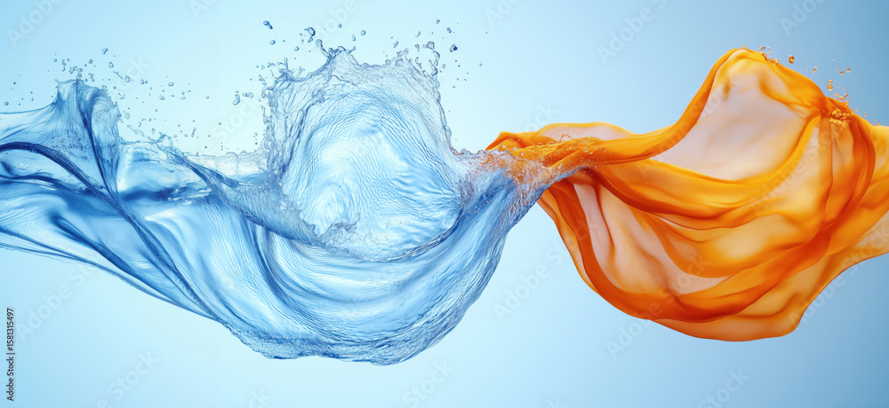 Aufkleber dynamic water splash and flowing orange fabric creating vibrant visual contrast.