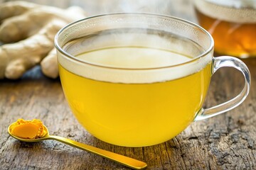 Warm Cup of Turmeric and Ginger Herbal Tea on Wooden Table