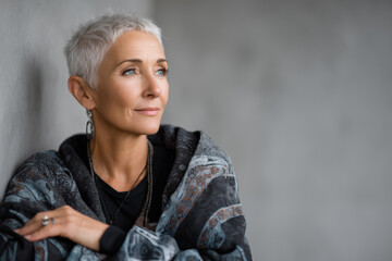 attractive senior citizen woman with extremely short white hair and blue eyes,  wearing a large shawl over her shoulders with a plain background 