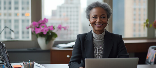 Confident businesswoman smiling at desk with laptop in modern office environment.