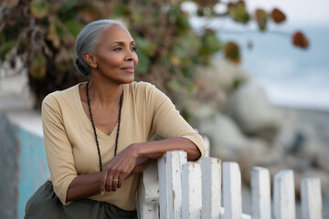 attractive Black woman relaxing outdoors while leaning against a fence near the soft focus ocean looking into the distance