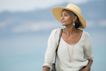 attractive Black mature woman on vacation wearing a sunhat with a soft focus blue sky background