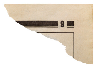 Yellowed torn corner of newspaper, isolated tear of retro paper page