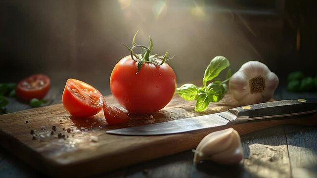 Sunlit ripe tomato, garlic, basil, and knife on rustic wooden board
