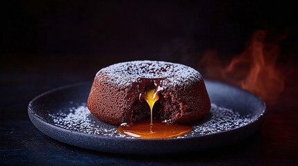 Warm Molten Chocolate Dessert with Caramel Drizzle on Dark Plate