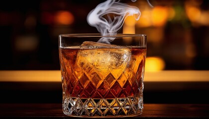 Whiskey Cocktail in Cut Glass with Steam on Dark Bar